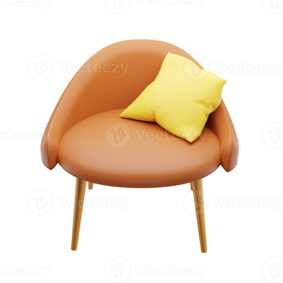 3D brown leather chair with yellow pillow. 3D rendering png
