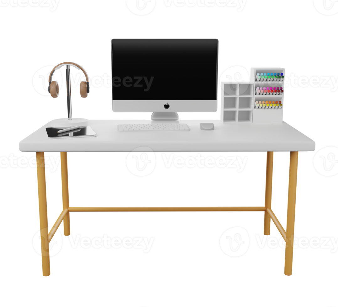 mesa com computador, fones de ouvido, caneta. renderização 3D. png