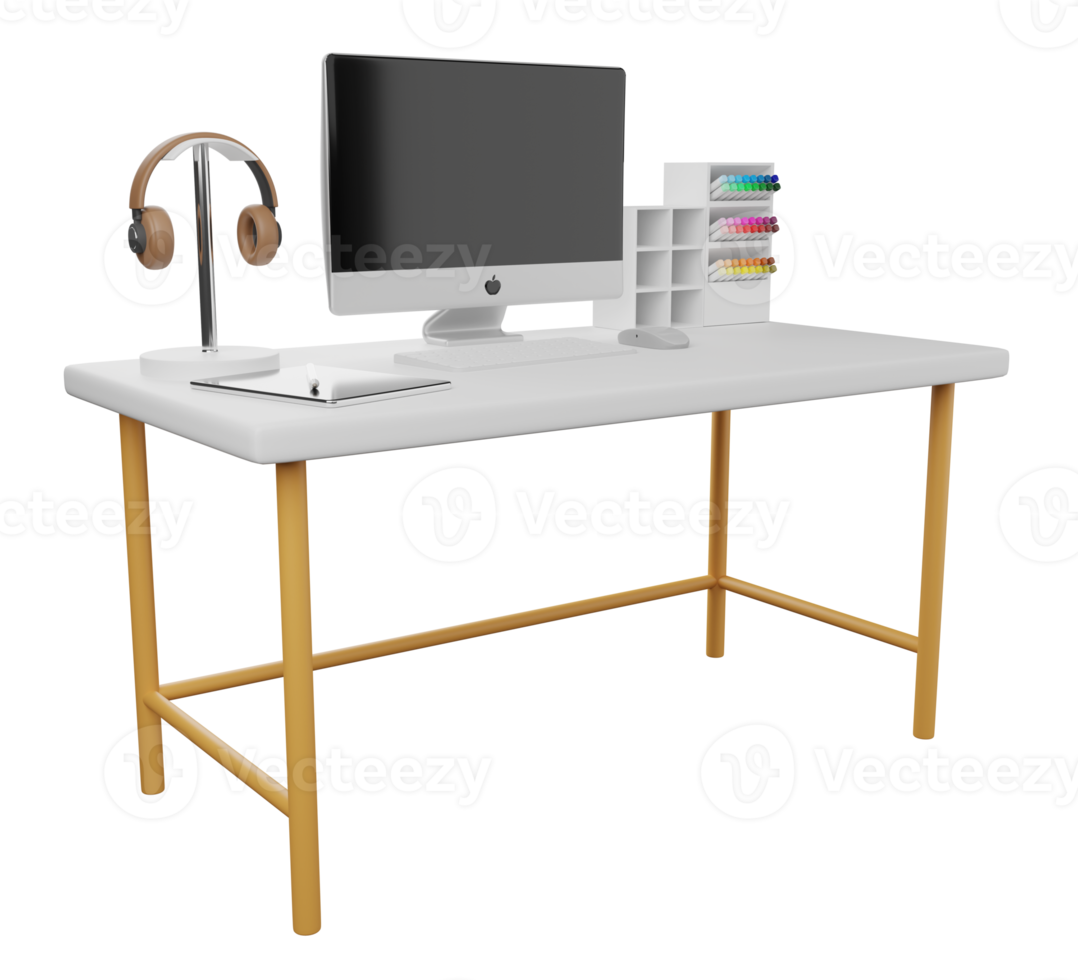 Desk with computer, earphones, pen. 3D rendering png