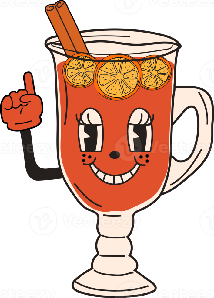 Retro Mulled wine in a cup. 30s cartoon mascot character -. 40s, 50s, 60s old animation style.Mulled wine with cinnamon. PNG in cartoon style. All elements are isolated