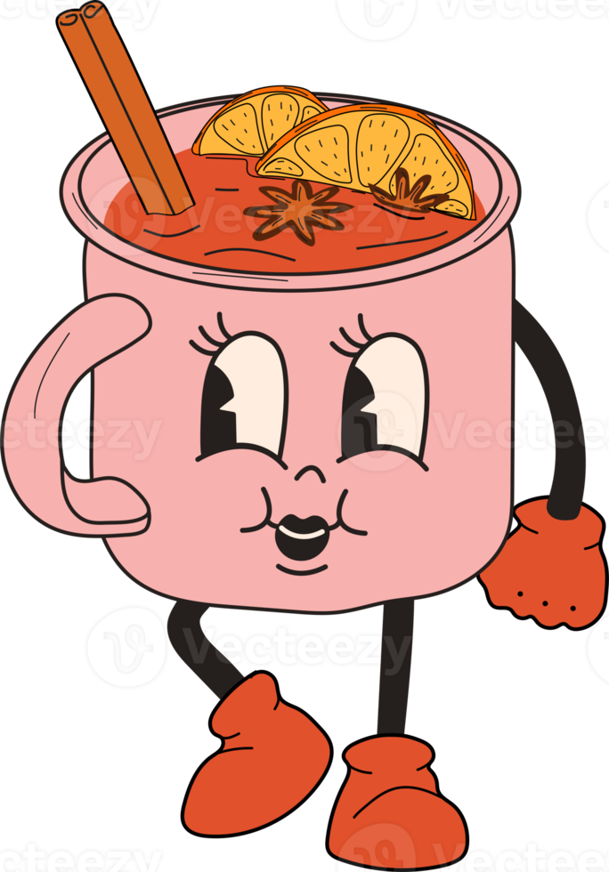 Retro Mulled wine in a cup. 30s cartoon mascot character -. 40s, 50s, 60s old animation style.Mulled wine with cinnamon.PNG in cartoon style. All elements are isolated png