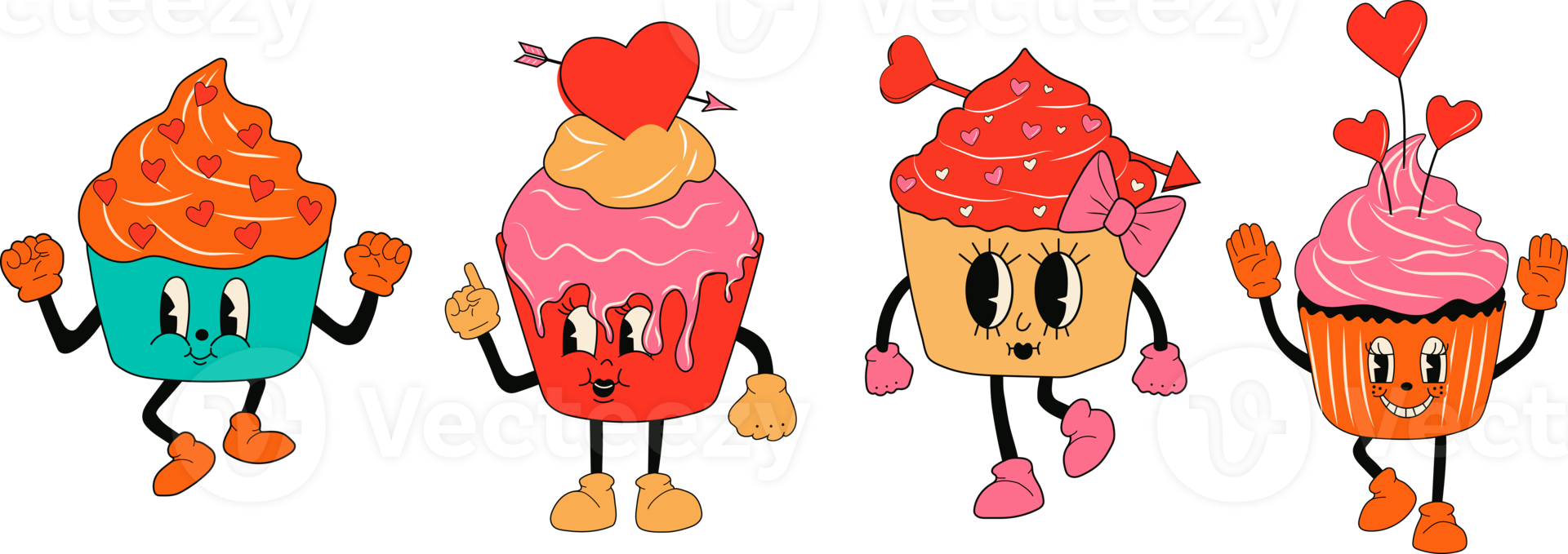 Retro set cupcake 30s cartoon mascots characters -. 40s, 50s, 60s old animation style.Valentine's Day cupcake style PNG. Happy, smile emotions. png