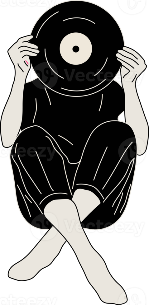 Girl holds an old vinyl record in her hands .Retro fashion style from 80s. PNG illustrations in black and white colors.