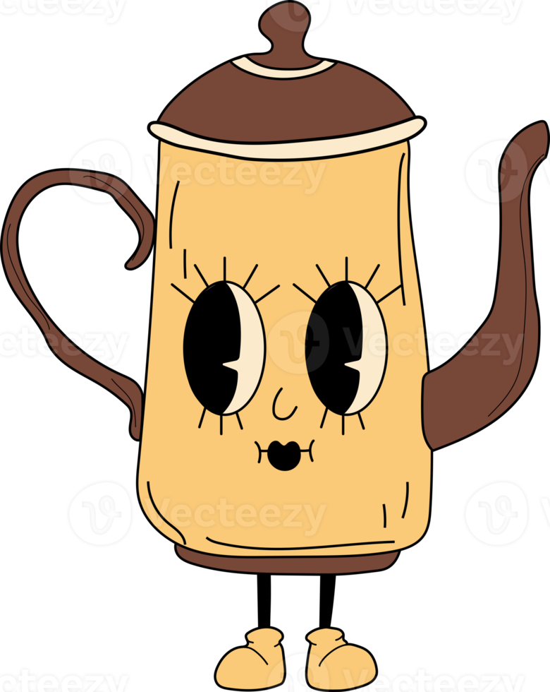 Retro kettle of coffee 30s cartoon mascot character -. 40s, 50s, 60s old animation style. Hand drawn modern PNG illustration . Isolated coffee element