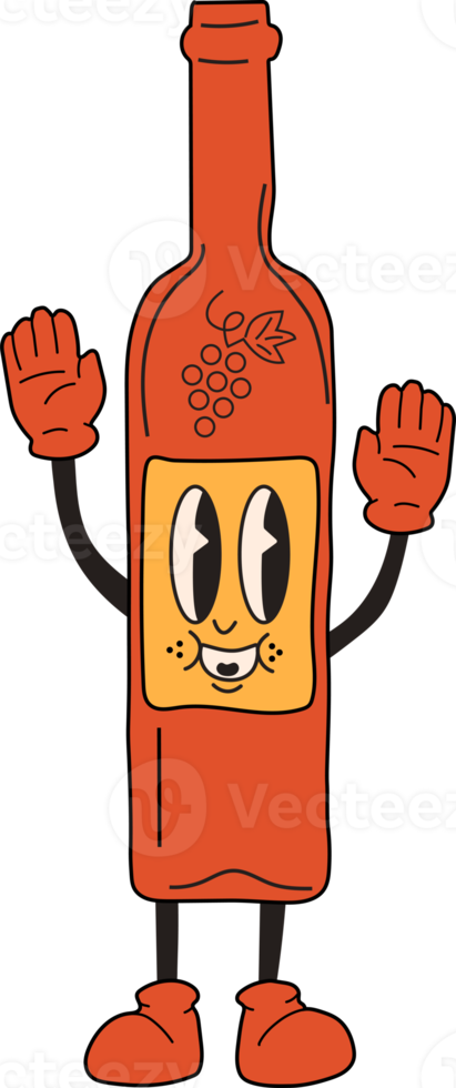 Retro wine in a bottle. 30s cartoon mascot character -. 40s, 50s, 60s old animation style.Mulled wine with cinnamon. PNG in cartoon style. All elements are isolated