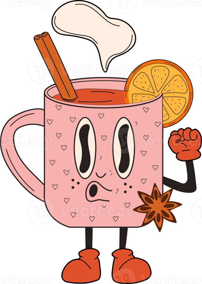 Retro Mulled wine in a cup. 30s cartoon mascot character -. 40s, 50s, 60s old animation style.Mulled wine with cinnamon. PNG in cartoon style. All elements are isolated