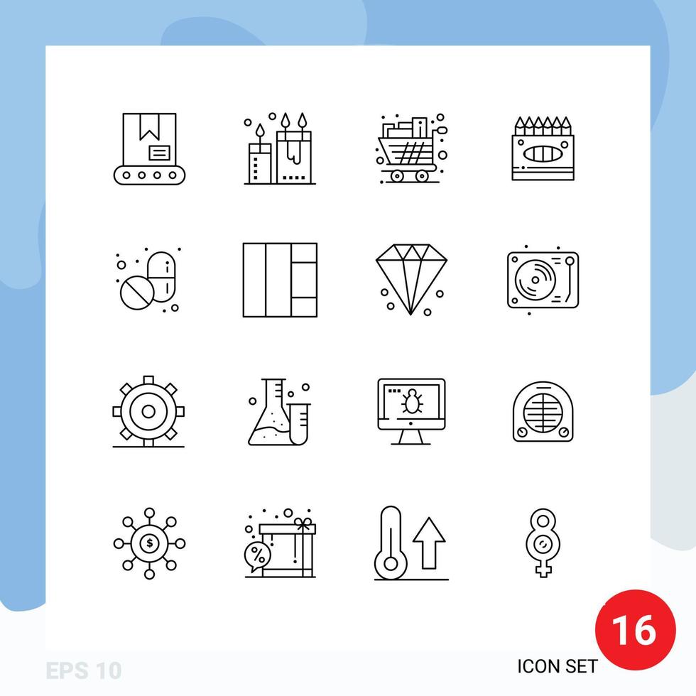 Universal Icon Symbols Group of 16 Modern Outlines of medical arts cart art trolley Editable Vector Design Elements