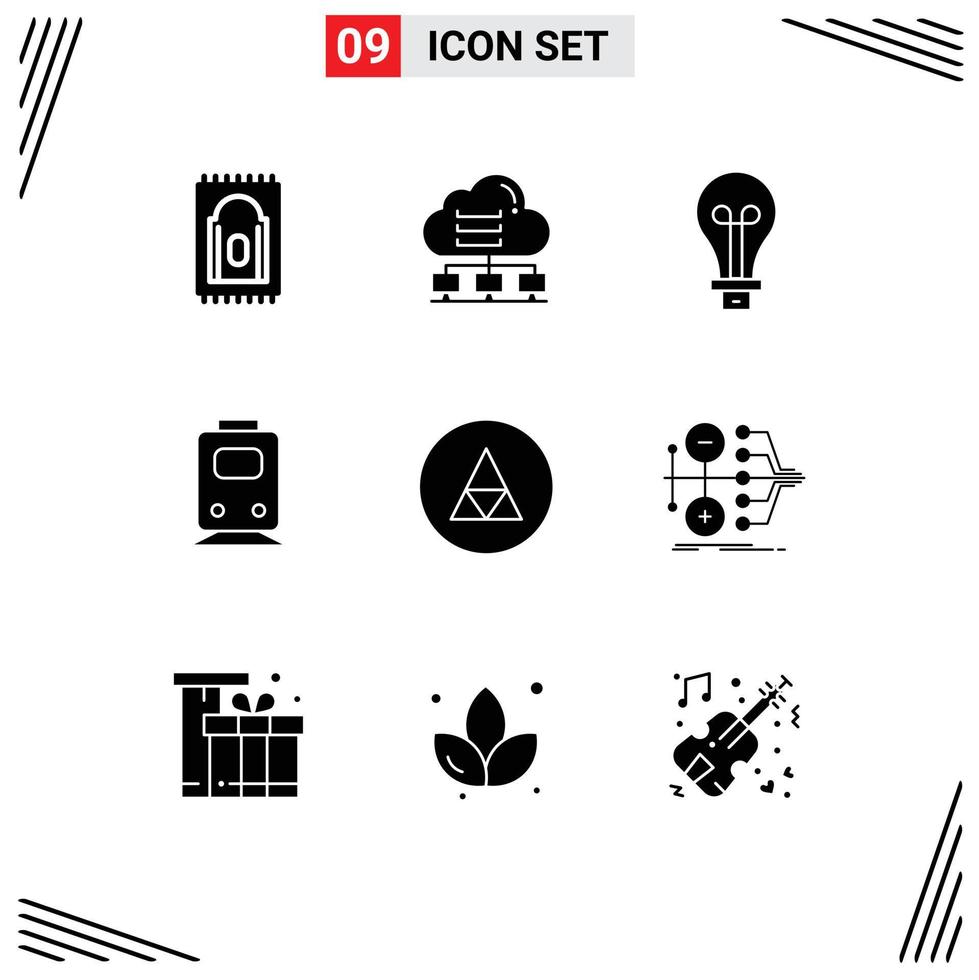 Mobile Interface Solid Glyph Set of 9 Pictograms of magic transportation bulb train rail Editable Vector Design Elements