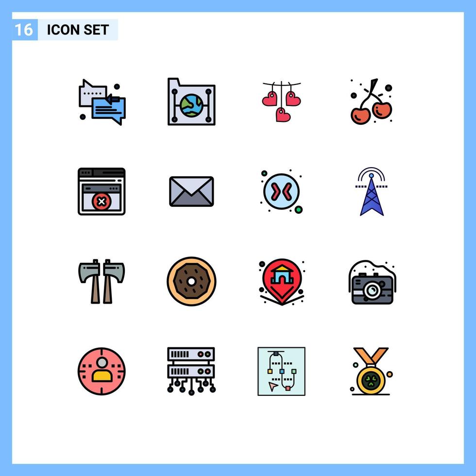 grupo de 16 líneas llenas de color plano, signos y símbolos para la red de alimentos web cereza colgando elementos de diseño de vectores creativos editables