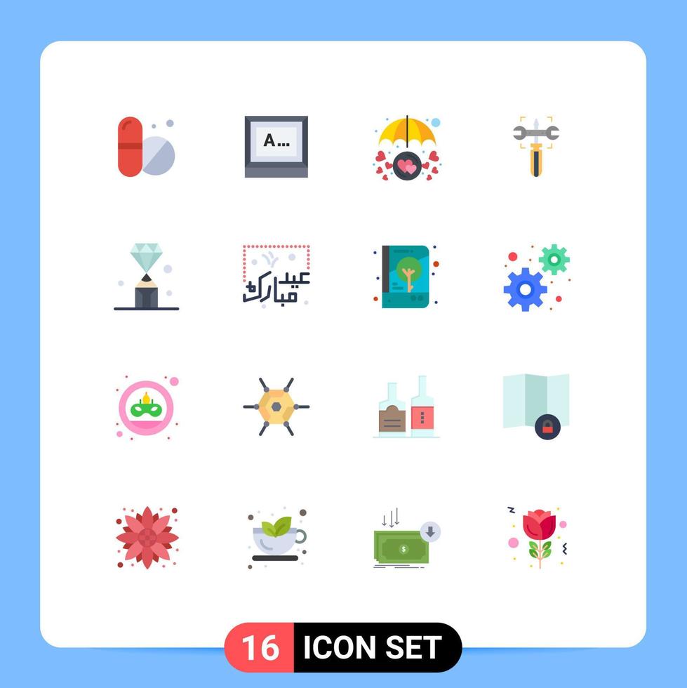 Mobile Interface Flat Color Set of 16 Pictograms of diamond screw in love wrench setting Editable Pack of Creative Vector Design Elements