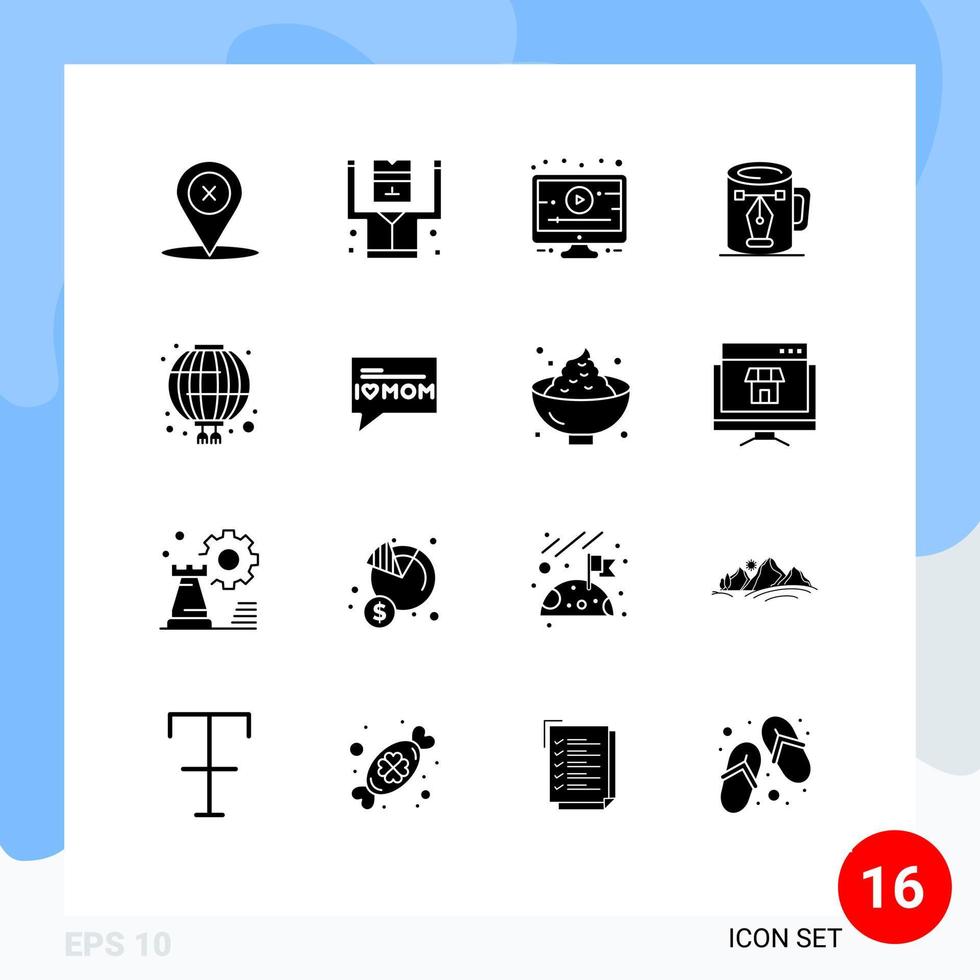 Pack of 16 creative Solid Glyphs of chinese nodes lesson design cup Editable Vector Design Elements