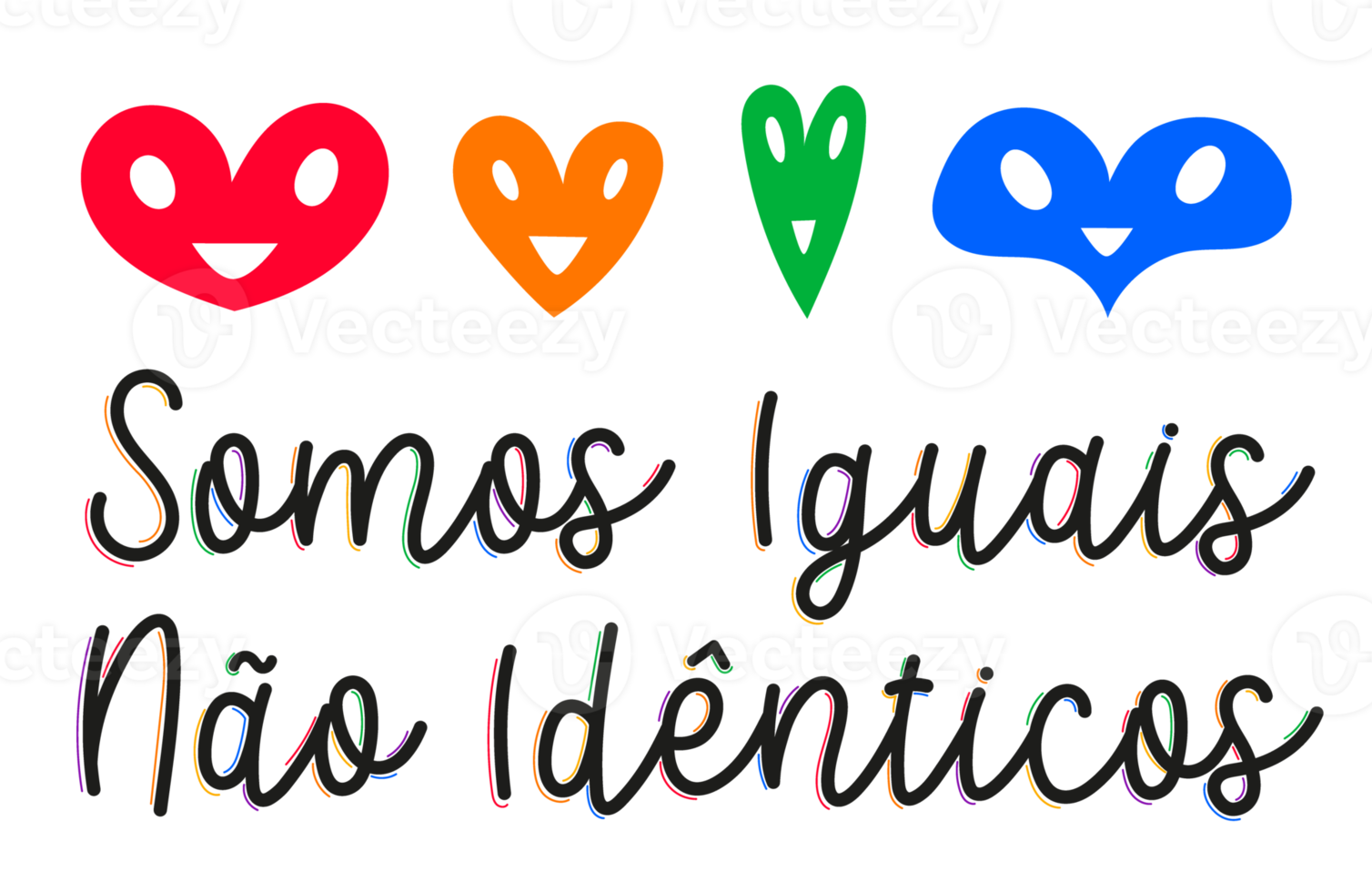 Colorful diversity encouraging cursive lettering in Portuguese with hearts. LGBTQIA colors. Translation - We are equal, not identical. png