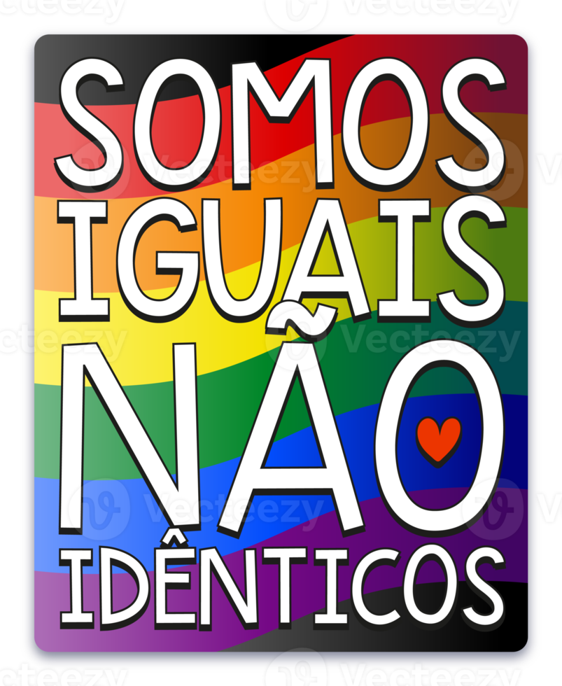 LGBTQIA poster in Portuguese on diversity flag background .Translation - We are equal, not identical. png
