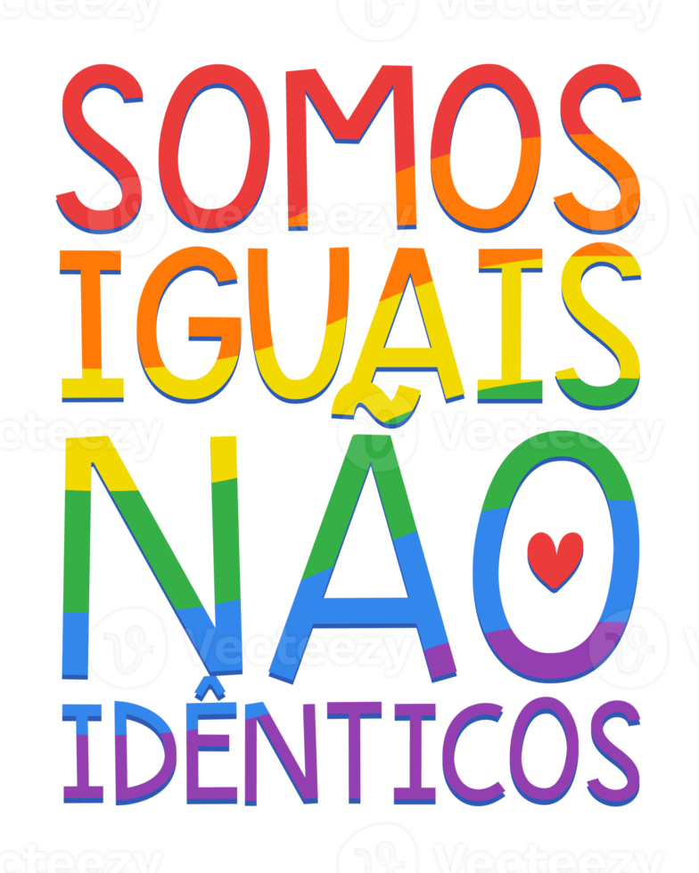 LGBTQIA poster in Portuguese with pride flasg colors. Translation - We are equal, not identical. png