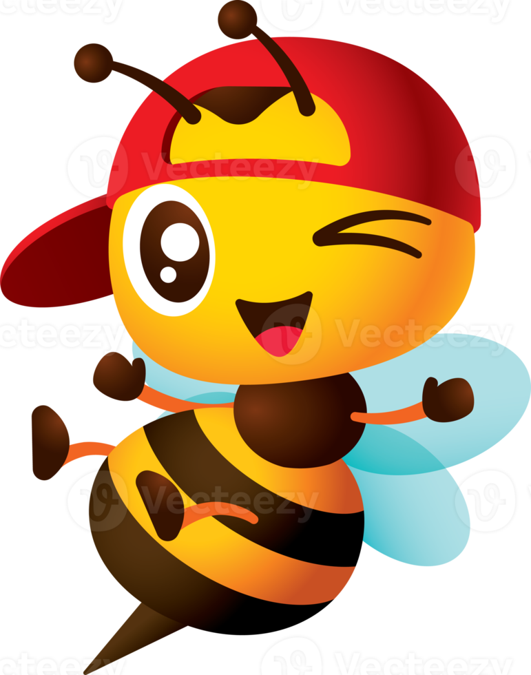 Cartoon cute bee wearing red snapback cap with open hands and legs jumping pose character illustration png