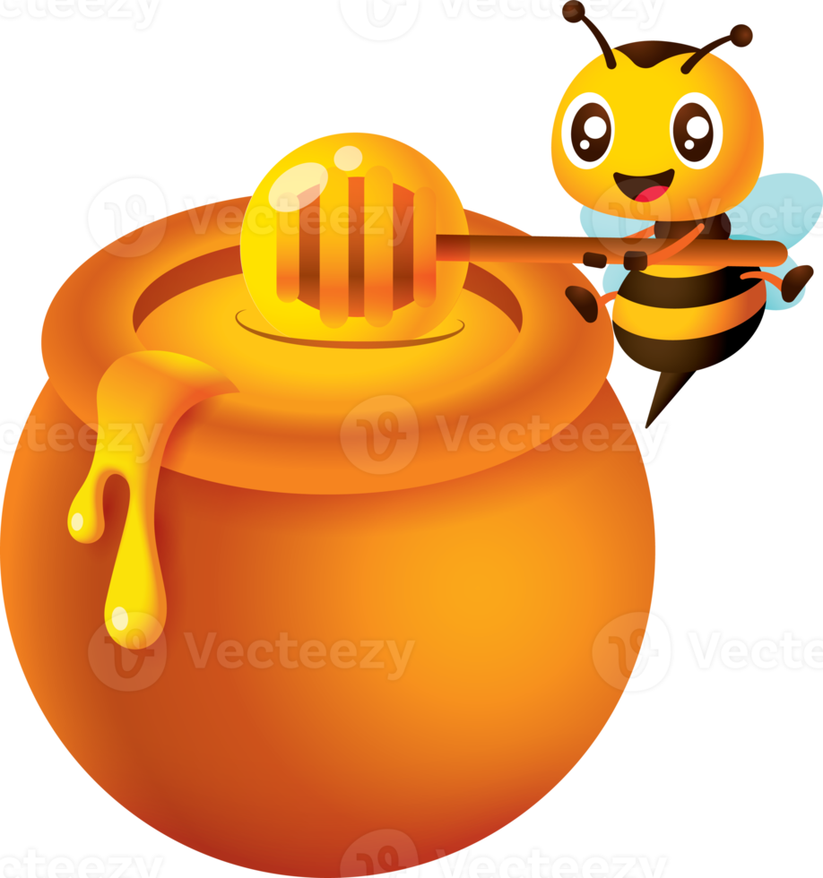 Cartoon cute bee carrying honey dipper to take honey from honey pot. Bee character illustration png