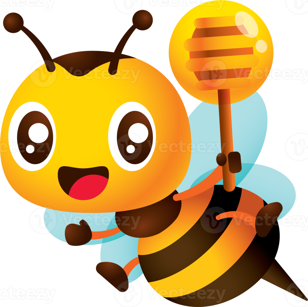 Cartoon cute bee holding honey dipper with honey dripping. Happy honey bee character illustration png