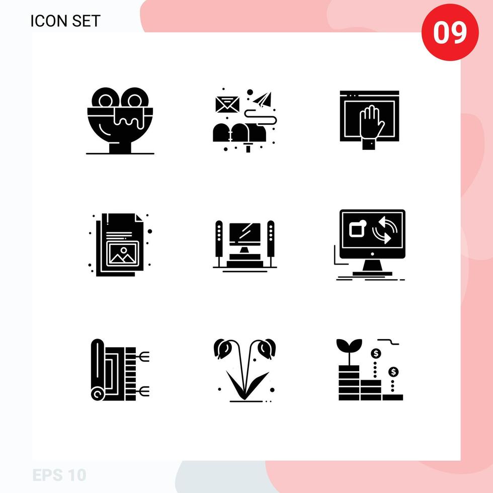 Set of 9 Vector Solid Glyphs on Grid for image document mail business internet Editable Vector Design Elements