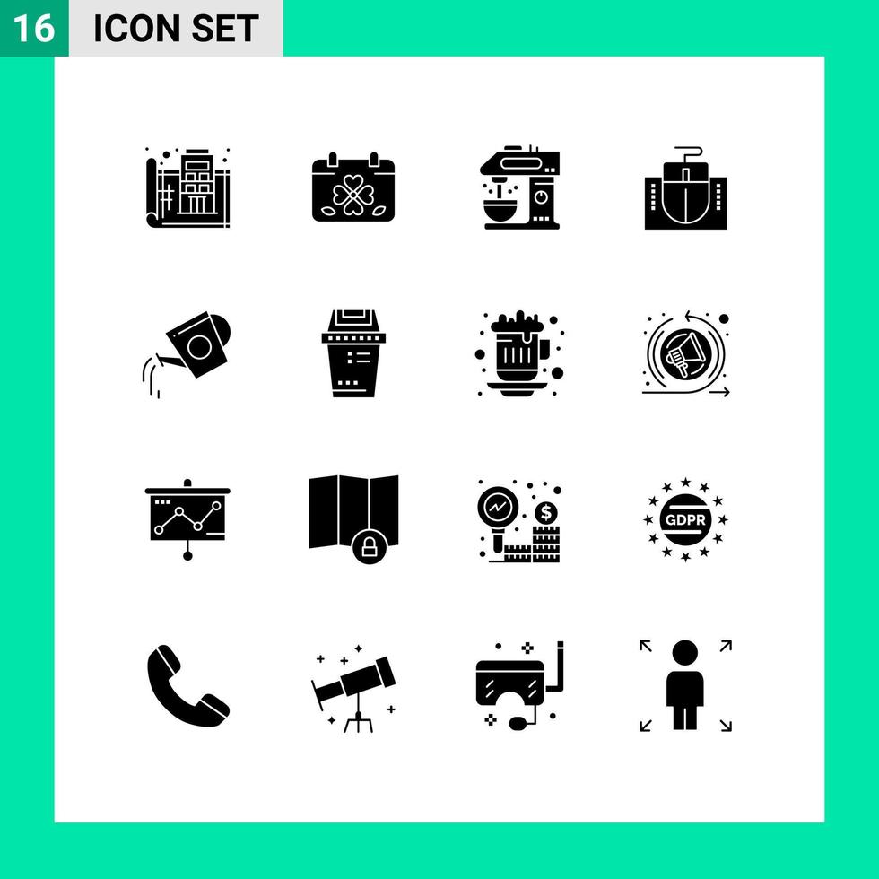 Mobile Interface Solid Glyph Set of 16 Pictograms of education computer leaf mouse coffee machine Editable Vector Design Elements