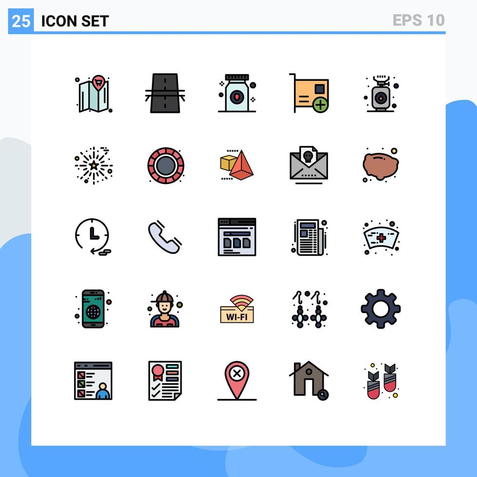 Universal Icon Symbols Group of 25 Modern Filled line Flat Colors of camping devices drug computers add Editable Vector Design Elements