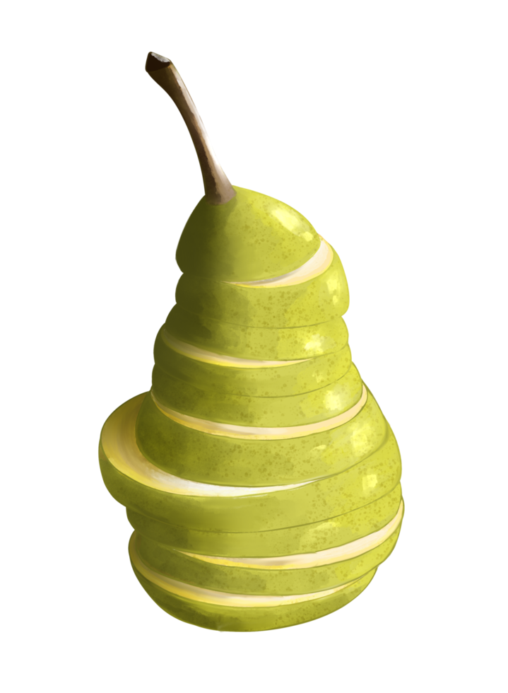 png illustration sur fond transparent un fruit poire verte pyramide coupée mûre