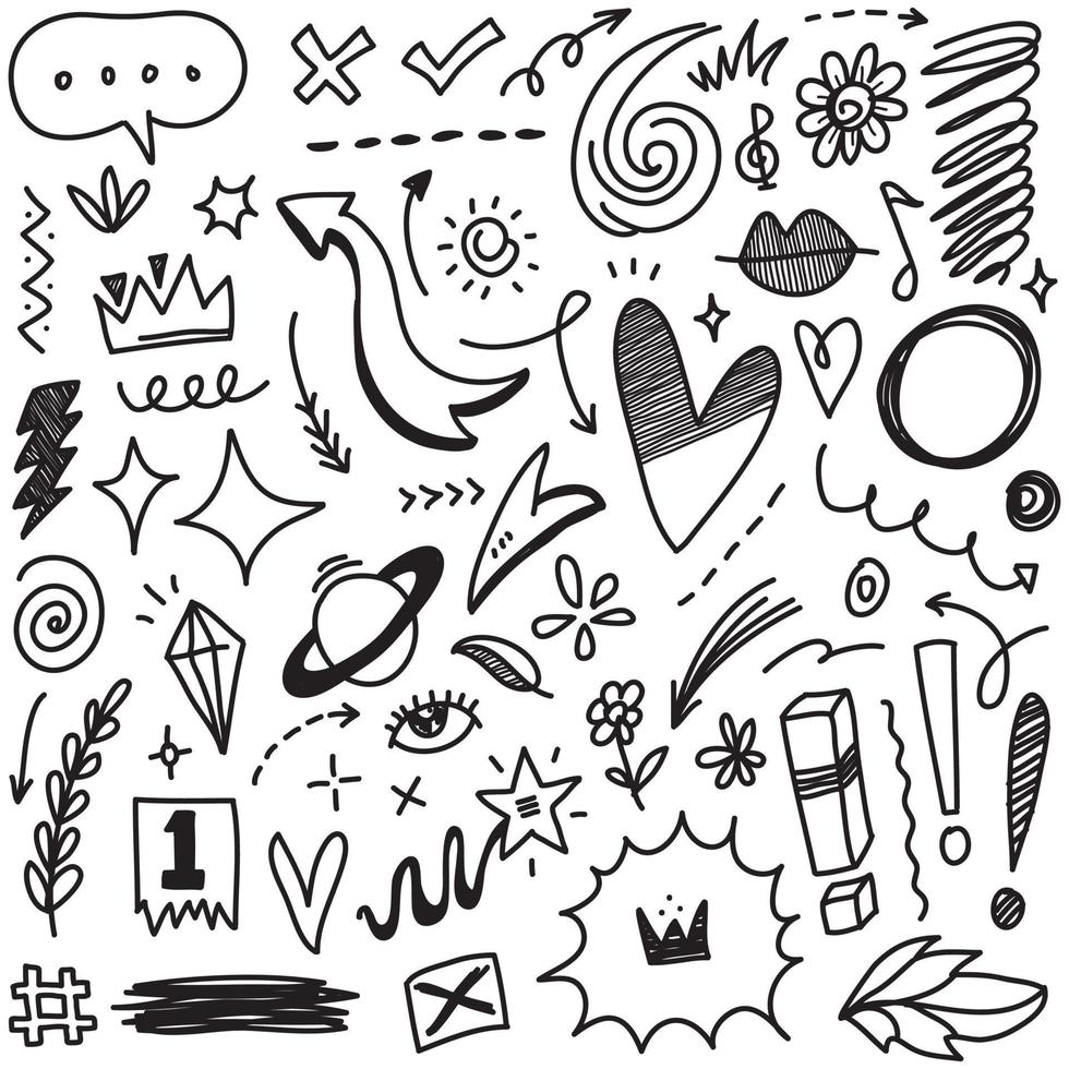 Abstract arrows, ribbons, fireworks, hearts, lightning,love , leaf, stars, cone, crowns and other elements in a hand drawn style for concept designs. Scribble illustration. vector