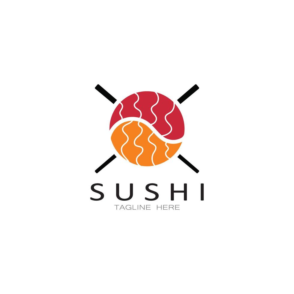 plantilla de logotipo de sushi. barra de ilustración de estilo de icono vectorial o tienda, sushi, rollo de salmón, sushi y rollos con barra de palillos o plantilla de logotipo de vector de restaurante