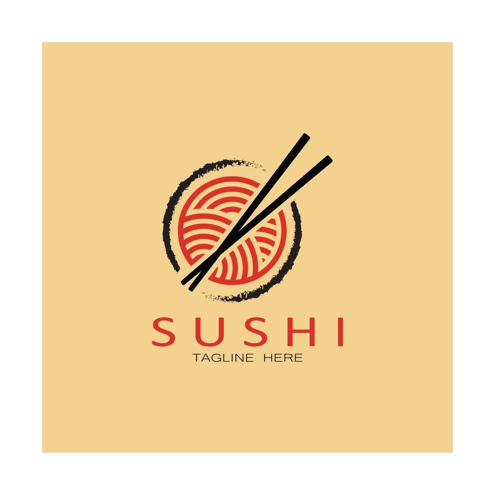 plantilla de logotipo de sushi. barra de ilustración de estilo de icono vectorial o tienda, sushi, rollo de salmón, sushi y rollos con barra de palillos o plantilla de logotipo de vector de restaurante