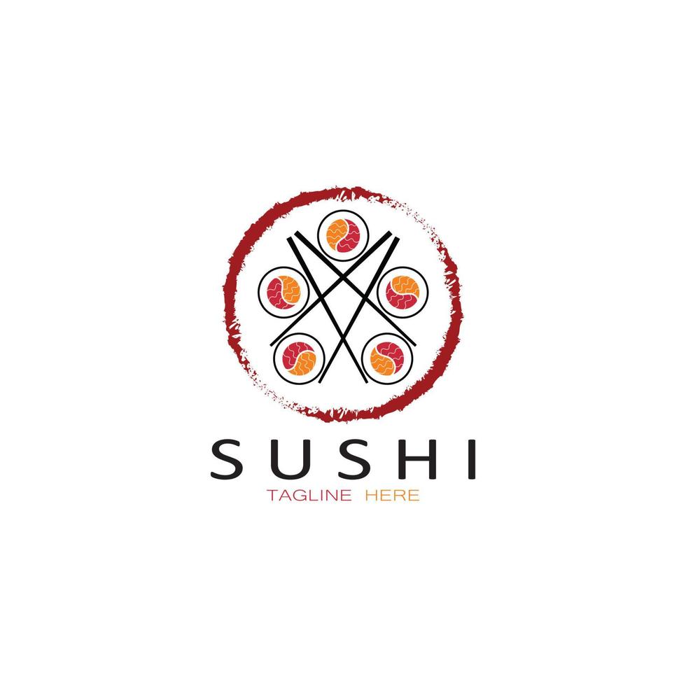 plantilla de logotipo de sushi. barra de ilustración de estilo de icono vectorial o tienda, sushi, rollo de salmón, sushi y rollos con barra de palillos o plantilla de logotipo de vector de restaurante