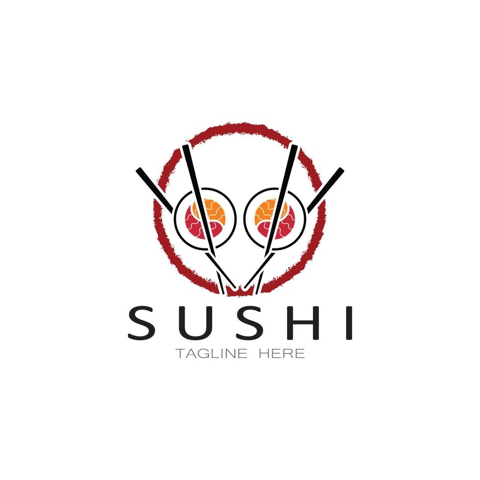 plantilla de logotipo de sushi. barra de ilustración de estilo de icono vectorial o tienda, sushi, rollo de salmón, sushi y rollos con barra de palillos o plantilla de logotipo de vector de restaurante