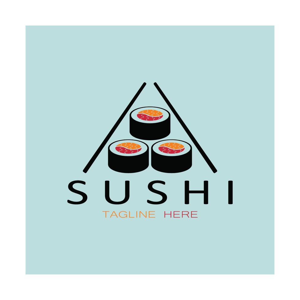 plantilla de logotipo de sushi. barra de ilustración de estilo de icono vectorial o tienda, sushi, rollo de salmón, sushi y rollos con barra de palillos o plantilla de logotipo de vector de restaurante