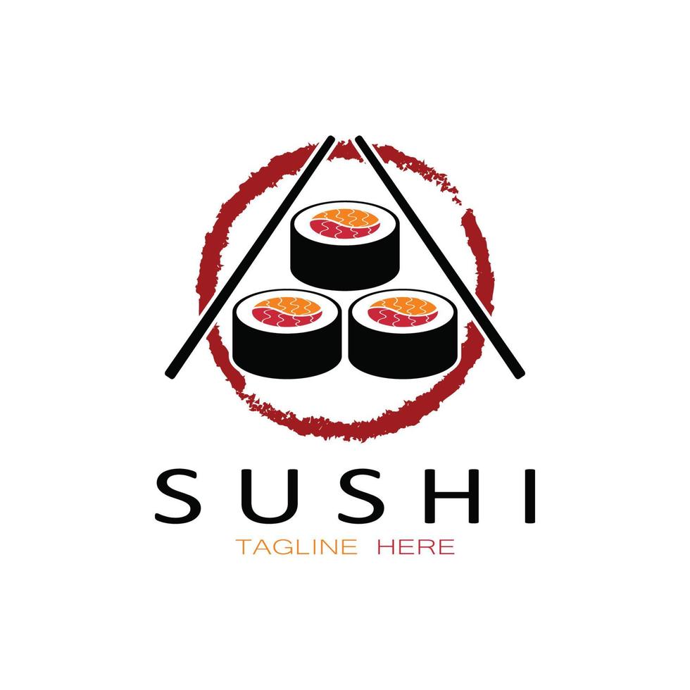 plantilla de logotipo de sushi. barra de ilustración de estilo de icono vectorial o tienda, sushi, rollo de salmón, sushi y rollos con barra de palillos o plantilla de logotipo de vector de restaurante