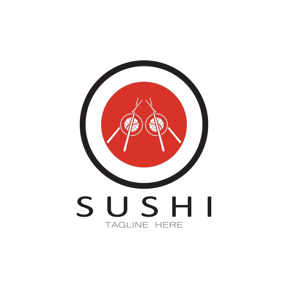 plantilla de logotipo de sushi. barra de ilustración de estilo de icono vectorial o tienda, sushi, rollo de salmón, sushi y rollos con barra de palillos o plantilla de logotipo de vector de restaurante