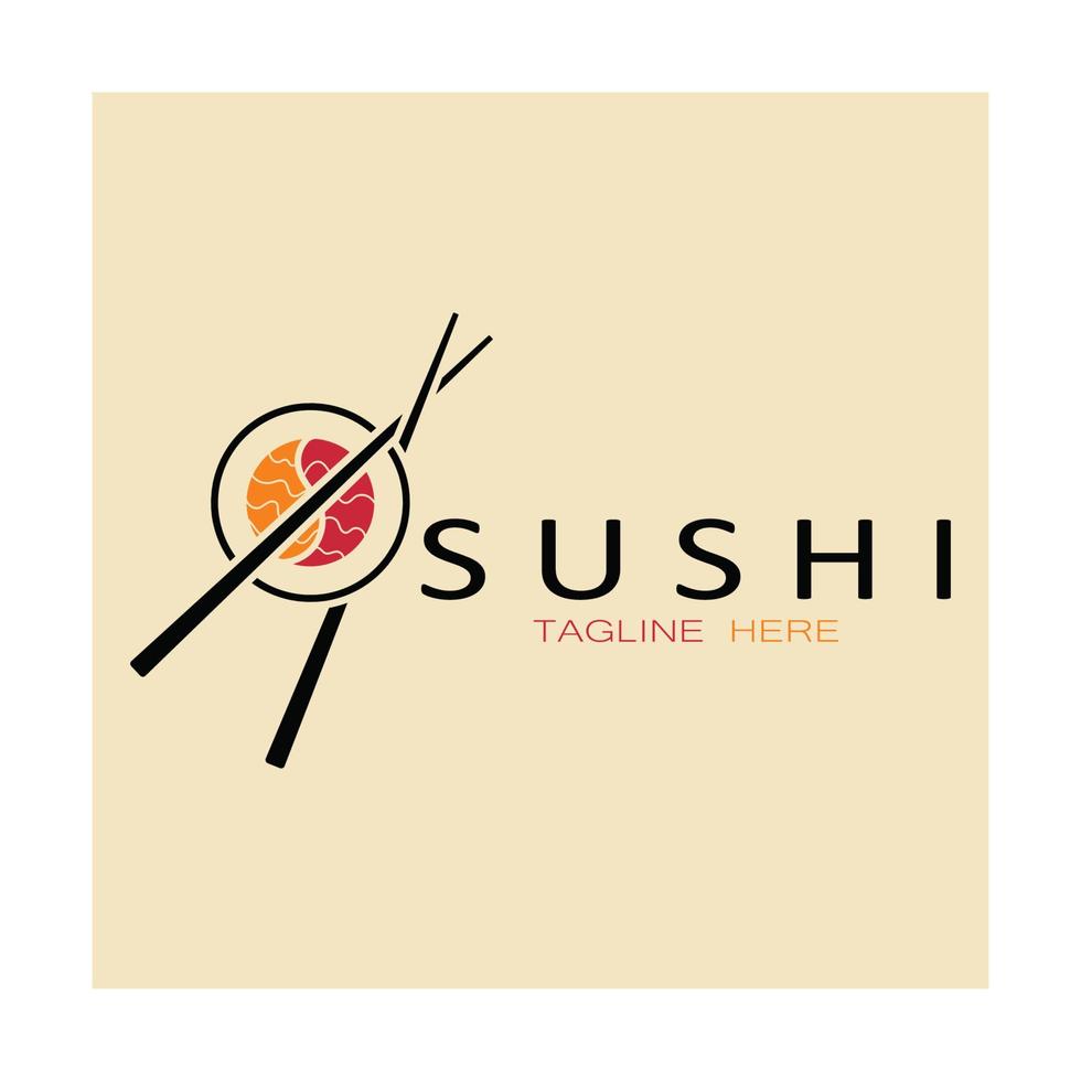 plantilla de logotipo de sushi. barra de ilustración de estilo de icono vectorial o tienda, sushi, rollo de salmón, sushi y rollos con barra de palillos o plantilla de logotipo de vector de restaurante