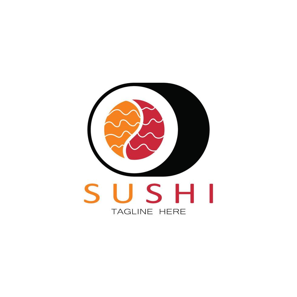 plantilla de logotipo de sushi. barra de ilustración de estilo de icono vectorial o tienda, sushi, rollo de salmón, sushi y rollos con barra de palillos o plantilla de logotipo de vector de restaurante