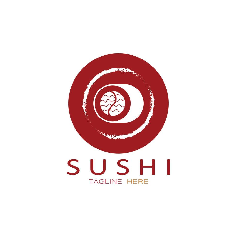 plantilla de logotipo de sushi. barra de ilustración de estilo de icono vectorial o tienda, sushi, rollo de salmón, sushi y rollos con barra de palillos o plantilla de logotipo de vector de restaurante