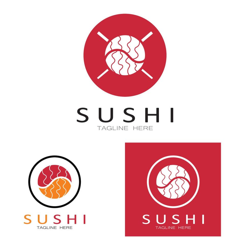 plantilla de logotipo de sushi. barra de ilustración de estilo de icono vectorial o tienda, sushi, rollo de salmón, sushi y rollos con barra de palillos o plantilla de logotipo de vector de restaurante