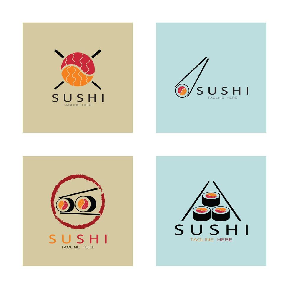 plantilla de logotipo de sushi. barra de ilustración de estilo de icono vectorial o tienda, sushi, rollo de salmón, sushi y rollos con barra de palillos o plantilla de logotipo de vector de restaurante