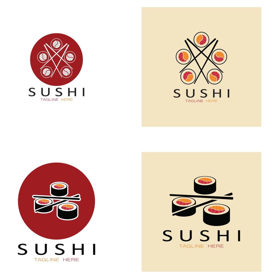 plantilla de logotipo de sushi. barra de ilustración de estilo de icono vectorial o tienda, sushi, rollo de salmón, sushi y rollos con barra de palillos o plantilla de logotipo de vector de restaurante