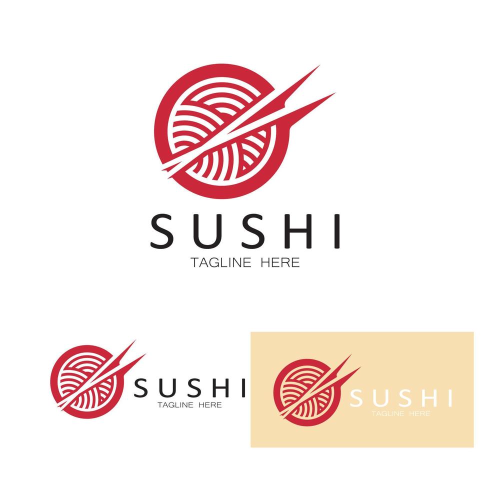 plantilla de logotipo de sushi. barra de ilustración de estilo de icono vectorial o tienda, sushi, rollo de salmón, sushi y rollos con barra de palillos o plantilla de logotipo de vector de restaurante