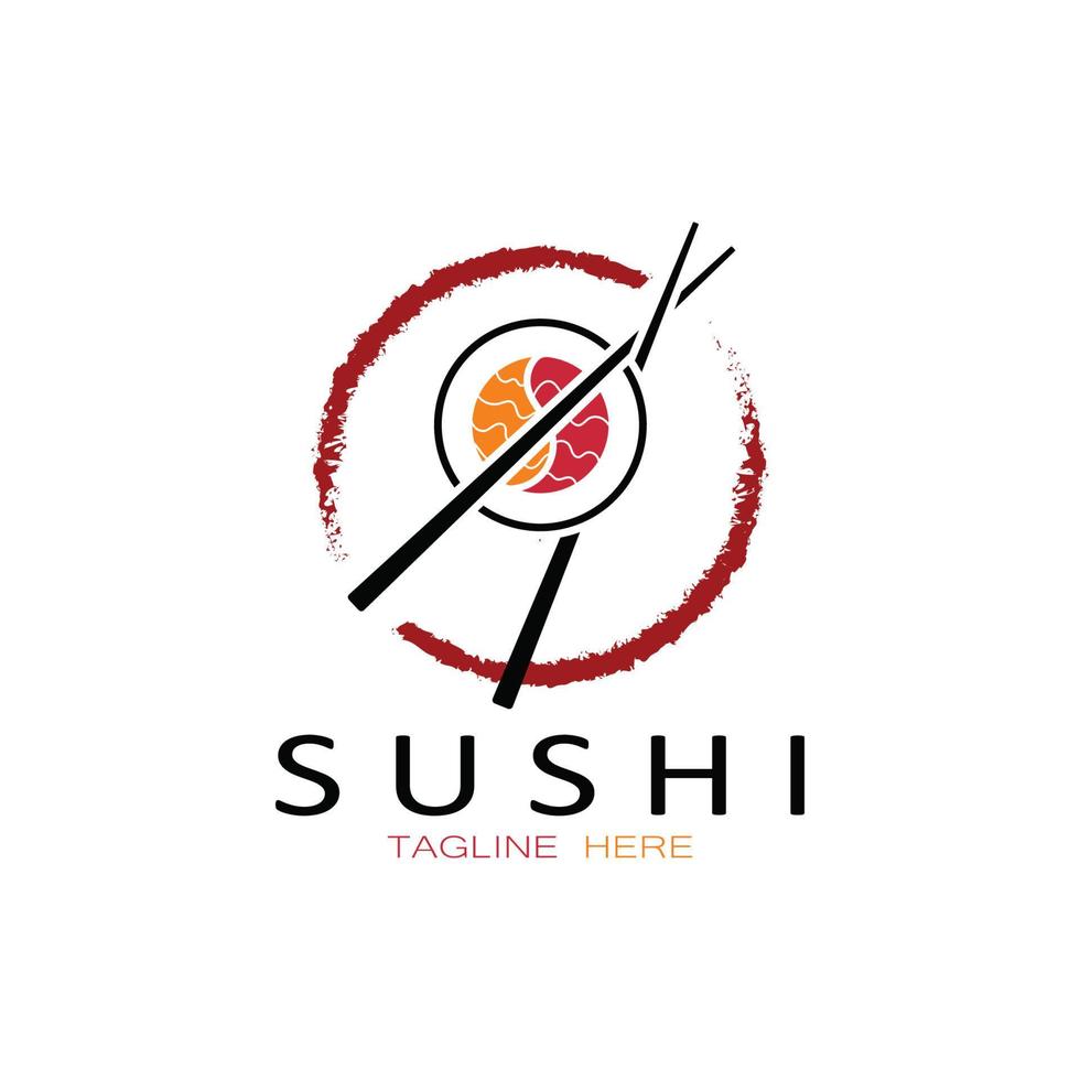 plantilla de logotipo de sushi. barra de ilustración de estilo de icono vectorial o tienda, sushi, rollo de salmón, sushi y rollos con barra de palillos o plantilla de logotipo de vector de restaurante