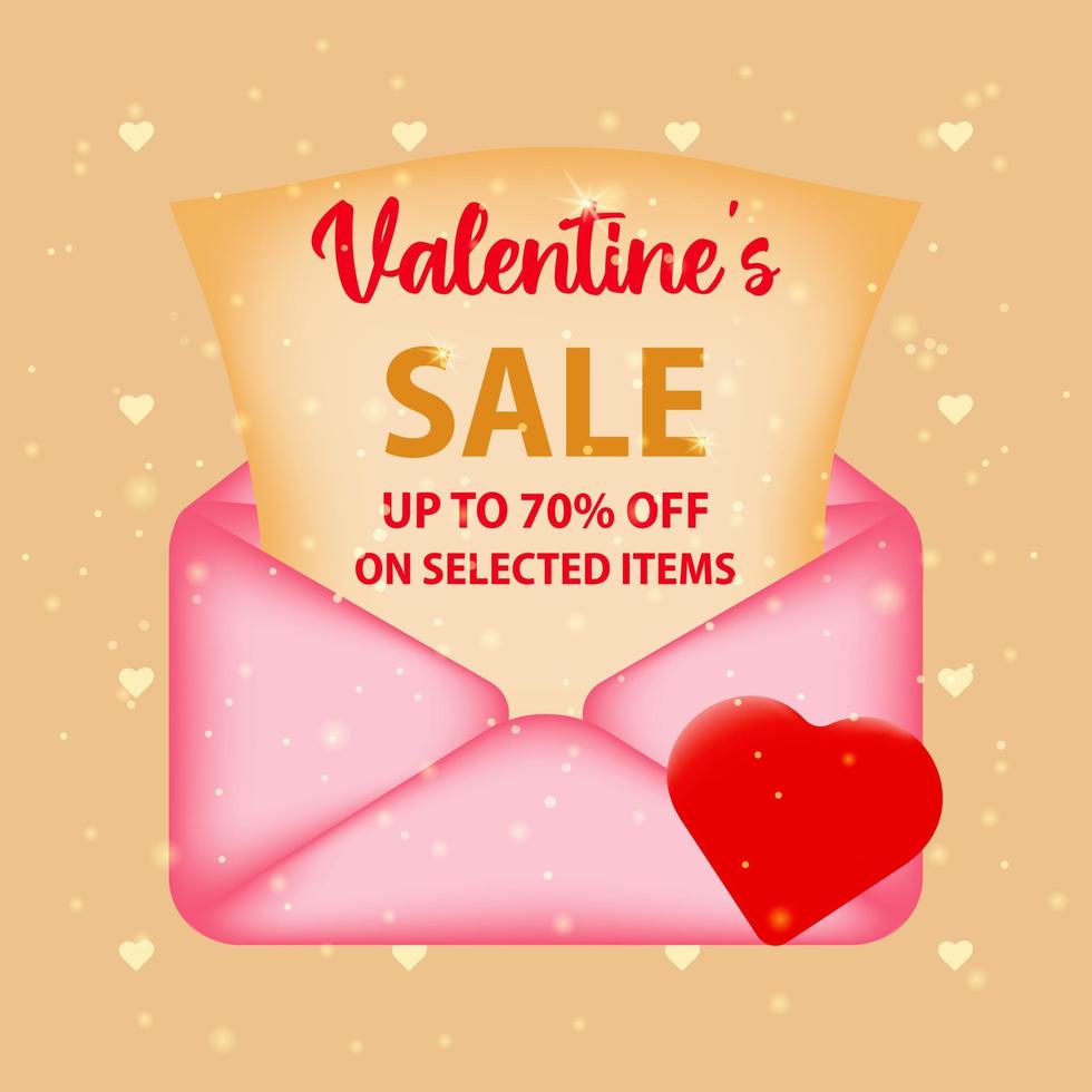 Discounts on selected items for Valentines Day. Envelope with a letter with the text discount on sale on a festive background. The concept of promoting purchases and discounts on selected items. vector