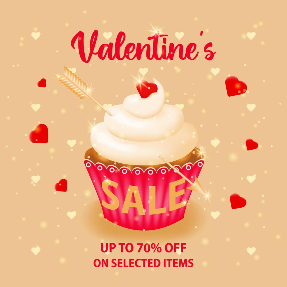 descuentos en artículos seleccionados para el día de san valentín. fondo para publicidad de ventas con cupcake dulce y texto de descuento. concepto de promoción de compras y descuentos en artículos seleccionados. vector. vector