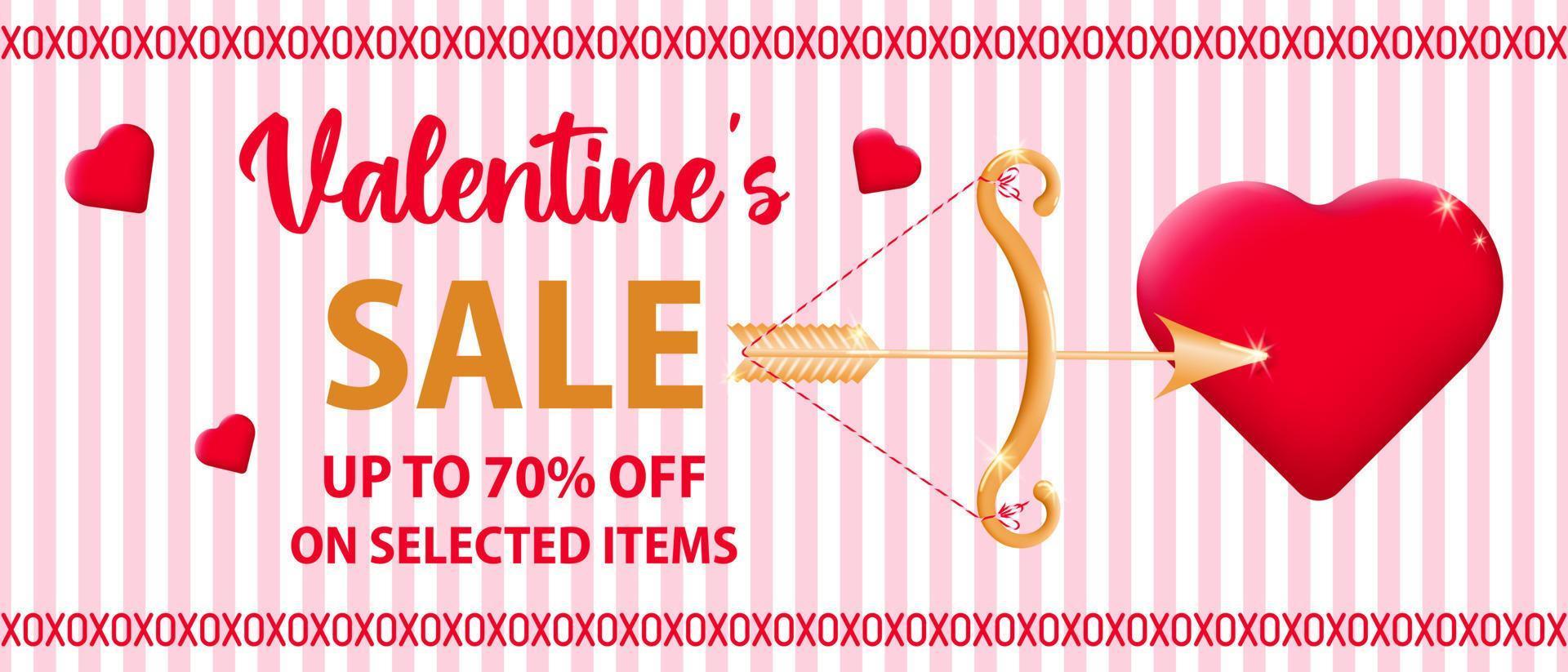 Sale banner with discount for Valentines Day. Valentines sale background with an heart shot through the arrow. The concept of promoting discounts on selected items. Vector illustration.