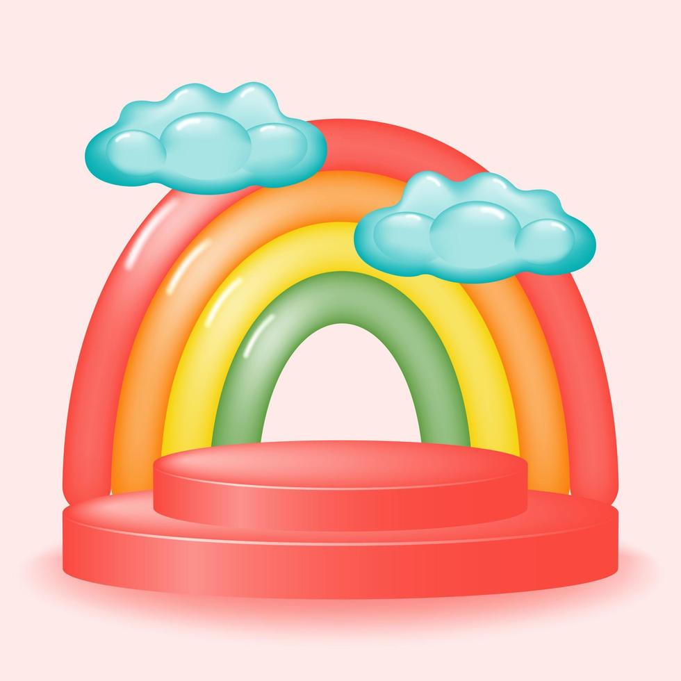 podio vacío 3d con arco iris colorido y nubes en estilo de dibujos animados. banner colorido para la presentación del producto. pedestal redondo para publicidad.ilustración vectorial. vector