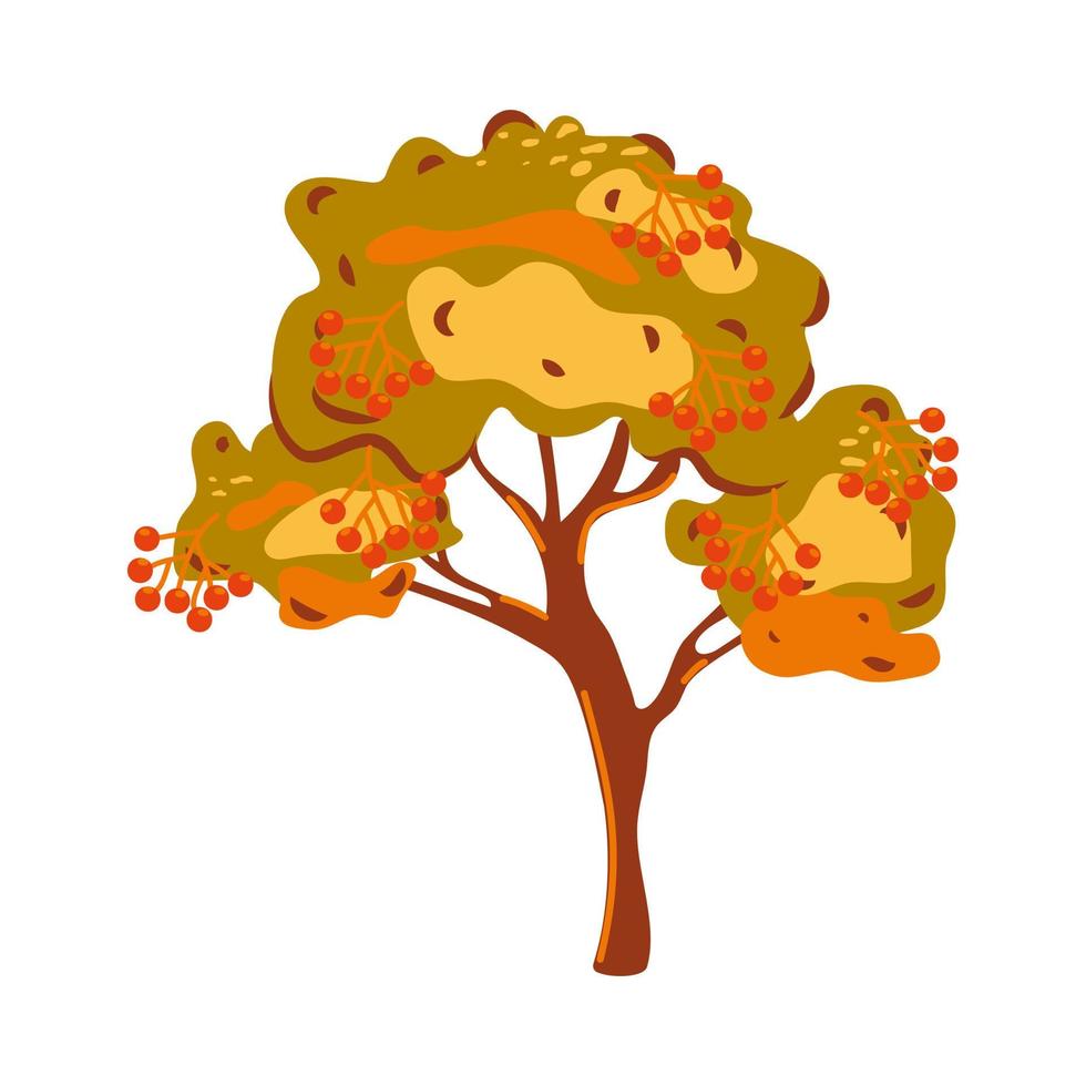 árbol de dibujos animados de otoño con frutos rojos sobre fondo blanco. árbol con racimos de primeros planos de bayas rojas en estilo plano. ilustraciones de caricaturas. símbolo, ilustración de logotipo. concepto vectorial objeto aislado. vector