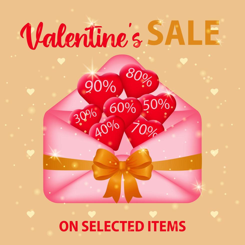 Pink postal envelope with a bow full of hearts with sale discounts on a festive background. Discounts for Valentine's Day. The concept of promoting purchases and discounts on selected items. Vector. vector