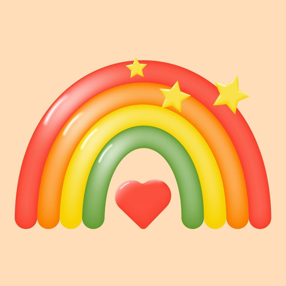 colorido arco iris 3d con estrellas y un corazón. arco iris de dibujos animados para decoración infantil. ilustración vectorial vector