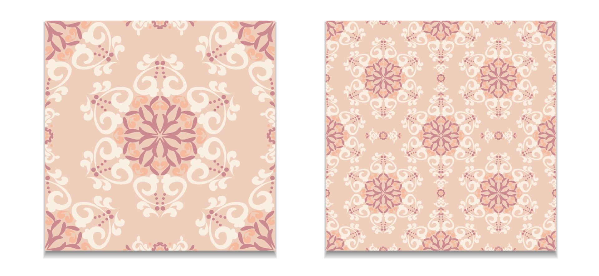 un conjunto de dos patrones de patrones de damasco sin costuras. rosa, color beige. para tela, azulejo, papel pintado o embalaje. gráficos vectoriales vector