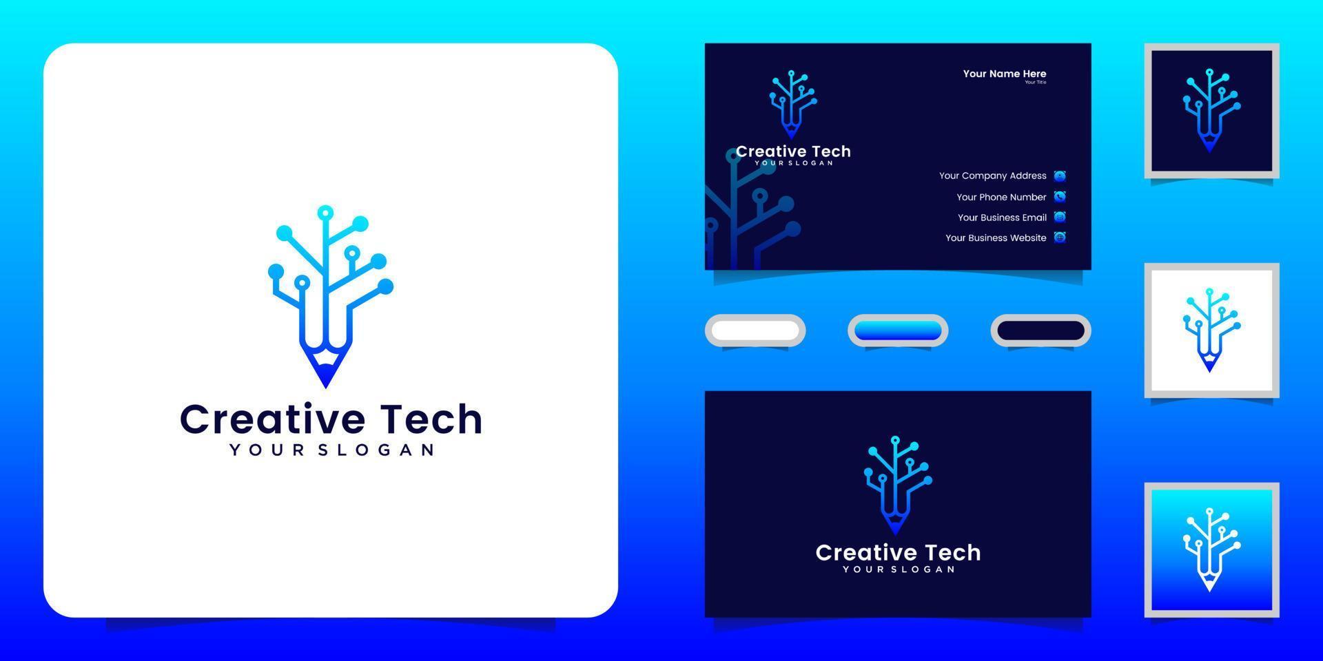 technology pencil logo design inspiration with interconnected lines and business card vector